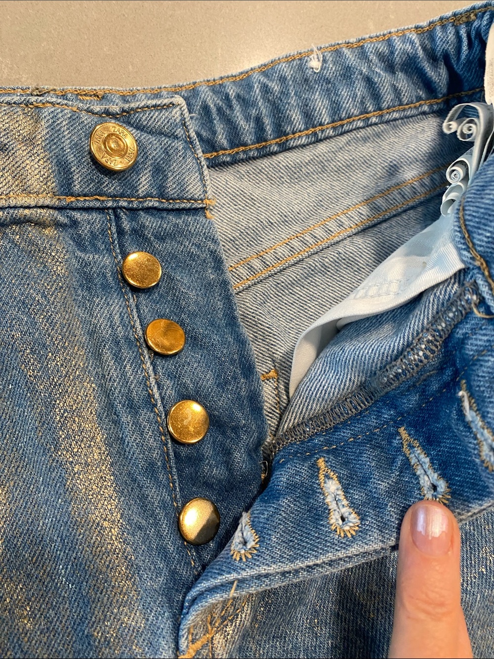 Zara Light Blue Metallic Gold Dust High-Waist Denim Button Fly Shorts S/4/6